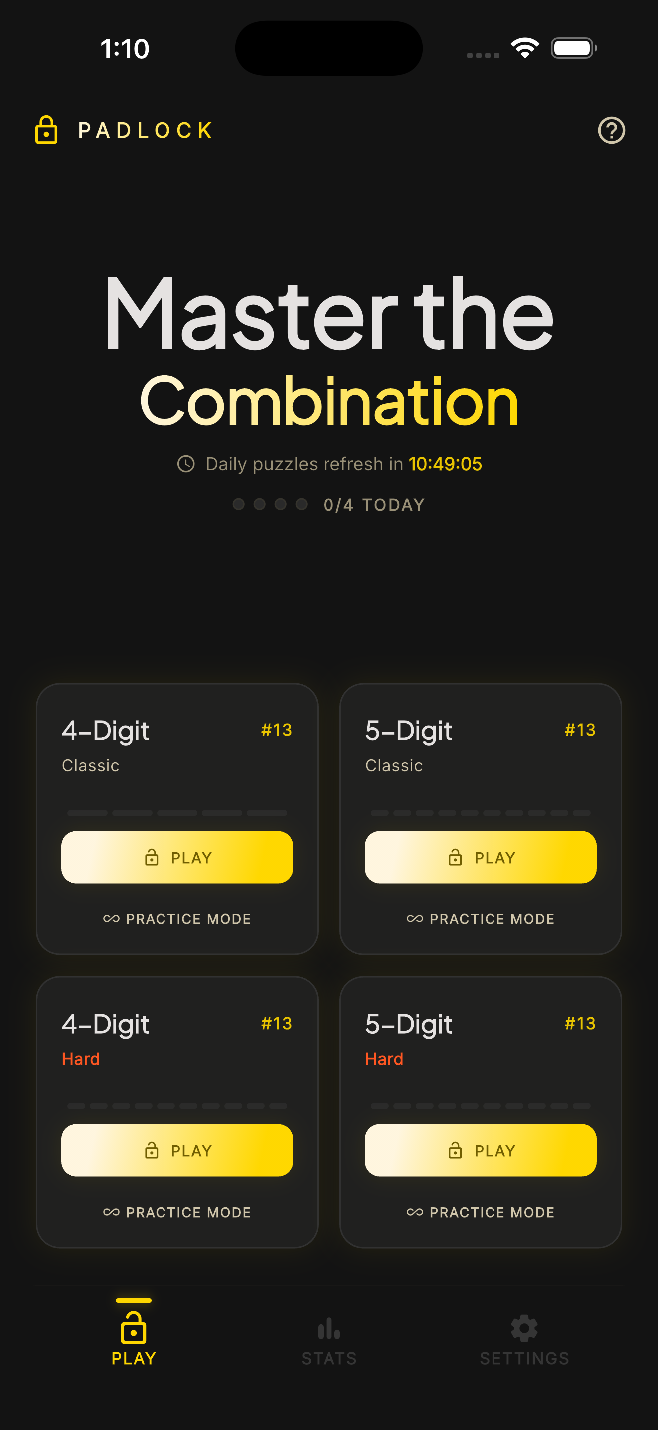 Padlock daily puzzle game screenshot